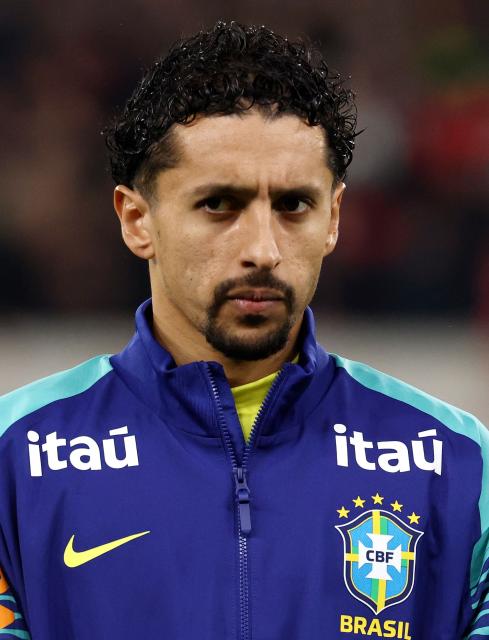 Brazil's defender #04 Marquinhos poses ahead of the International friendly football match between Brazil and Tunisia at Stade Pierre-Mauroy, in Villeneuve-d'Ascq, northern France, on November 18, 2025. (Photo by FRANCK FIFE / AFP)