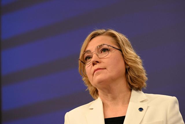 EU Executive Vice-President for Tech Sovereignty, Security and Democracy Henna Virkkunen addresses the media to present the digital simplification package at the EU headquarters in Brussels on November 19, 2025. (Photo by Nicolas TUCAT / AFP)