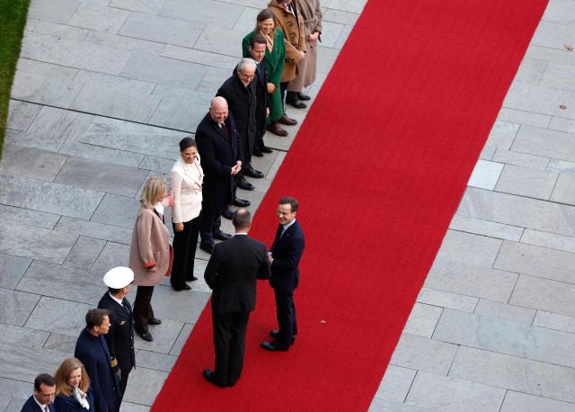 German Chancellor Friedrich Merz (C-L) and Sweden's Prime Minister Ulf Kristersson (R) greet delegation members including Crown Princess Victoria of Sweden (6th from L) during a welcome ceremony in front of the Chancellery in Berlin on November 19, 2025. (Photo by Odd ANDERSEN / POOL / AFP)