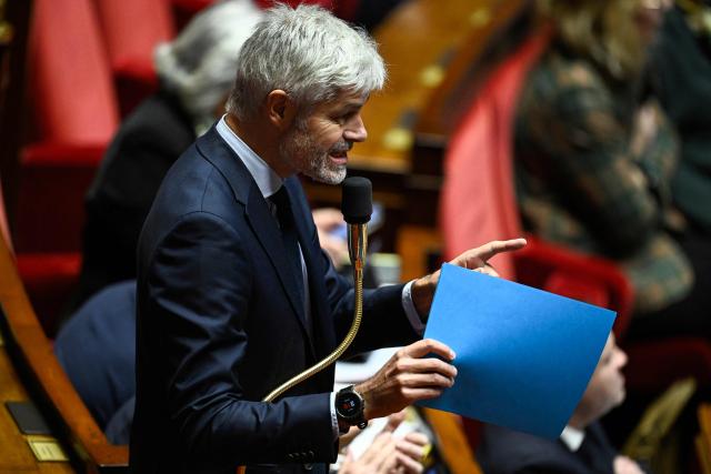 President of Droite Republicaine parliamentary group Laurent Wauquiez speaks during a debate session on the draft budget law for 2026 at the Assemblee Nationale, France's Parliament lower house, in Paris on November 19, 2025. (Photo by JULIEN DE ROSA / AFP)