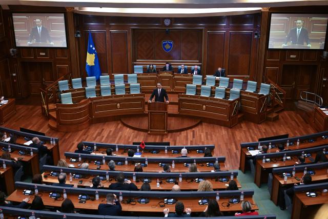 Kosovo's prime ministerial candidate Glauk Konjufca delivers a speech during a parliament session to form the new government, in Pristina on November 19, 2025. After months of political wrangling, Kosovo's caretaker prime minister Albin Kurti failed to form a government on November 19, 2025 pushing the tiny Balkan nation toward its second election in under a year. With fresh elections expected to be announced, Kurti's party will hope to improve on its result from February's vote, when it fell short of a majority despite topping the poll. (Photo by Armend NIMANI / AFP)