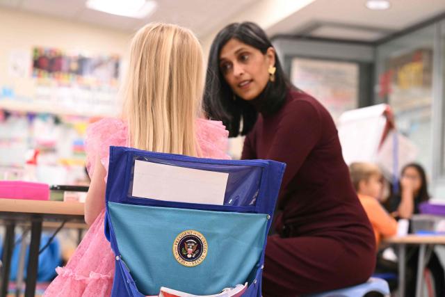 Second Lady Usha Vance speaks with students at DeLalio Elementary School at Marine Corps Air Station New River in Jacksonville, North Carolina, November 19, 2025, as they travel to visit military families. (Photo by SAUL LOEB / AFP)