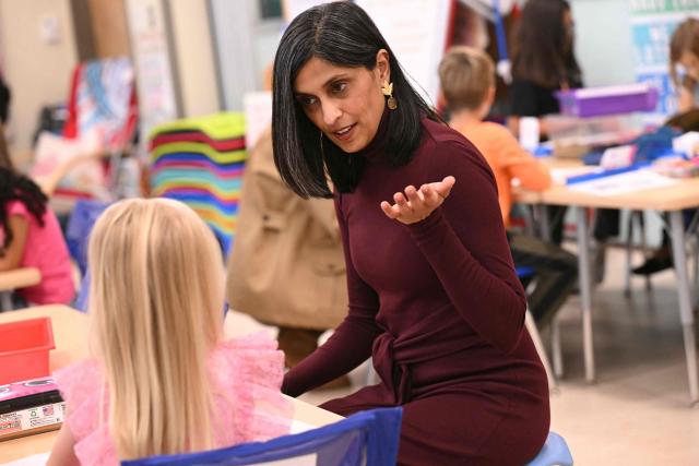 Second Lady Usha Vance speaks with students at DeLalio Elementary School at Marine Corps Air Station New River in Jacksonville, North Carolina, November 19, 2025, as they travel to visit military families. (Photo by SAUL LOEB / AFP)