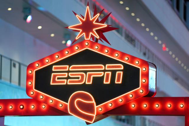 A sign for ESPN is displayed in the paddock ahead of the Las Vegas Formula One Grand Prix on November 19, 2025, in Las Vegas, Nevada. (Photo by Patrick T. Fallon / AFP)