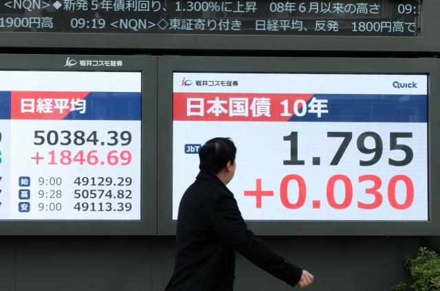 A man looks at an electronic quotation board displaying the long-term interest rates on the Tokyo bond market in Tokyo on November 20, 2025. (Photo by Kazuhiro NOGI / AFP)