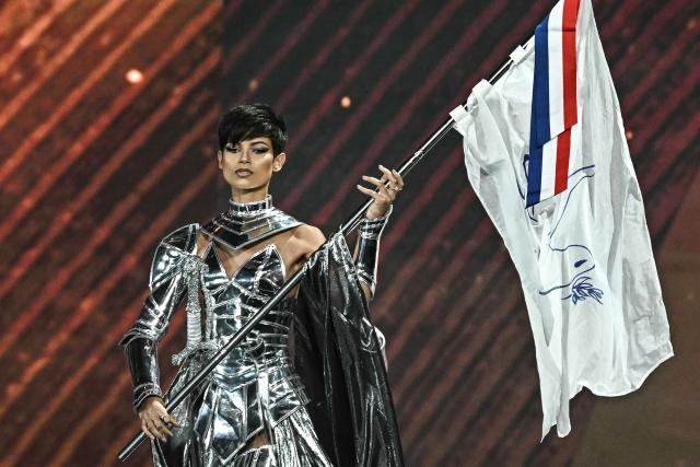 Miss France Eve Gilles walks on stage during the 2025 Miss Universe national costume presentation in Nonthaburi, north of Bangkok on November 19, 2025. (Photo by Lillian SUWANRUMPHA / AFP)