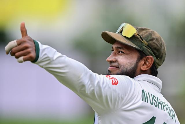 (FILES) Bangladesh's Mushfiqur Rahim gestures during the second day of the second Test cricket match between Sri Lanka and Bangladesh at the Sinhalese Sports Club (SSC) Ground in Colombo on June 26, 2025. Mushfiqur on November 20 became the first Bangladeshi batsman to score a century in his 100th Test, achieving the milestone in the second and final Test against Ireland in Mirpur. (Photo by Ishara S. KODIKARA / AFP)