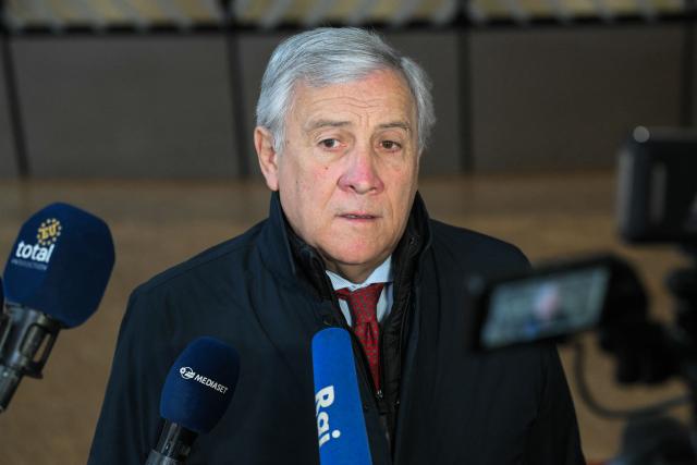 Italy's Foreign Minister Antonio Tajani speaks to the press during a Foreign Affairs Council meeting at the EU headquarters in Brussels, on November 20, 2025. (Photo by NICOLAS TUCAT / AFP)