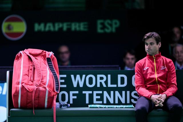 Spain's captain David Ferrer looks on during the Davis Cup men's singles quarter finals tennis match between Spain's Pablo Carreno Busta and Czech Republic's Jakub Mensik, at the Super Tennis Arena, in Bologna, northen Italy, on November 20, 2025. (Photo by Tiziana FABI / AFP)