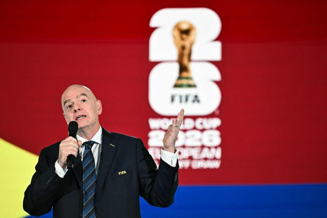 FIFA President Gianni Infantino speaks during the 2026 FIFA World Cup European Play-Off draw at the FIFA's Home of Football in Zurich on November 20, 2025. (Photo by Fabrice COFFRINI / AFP)