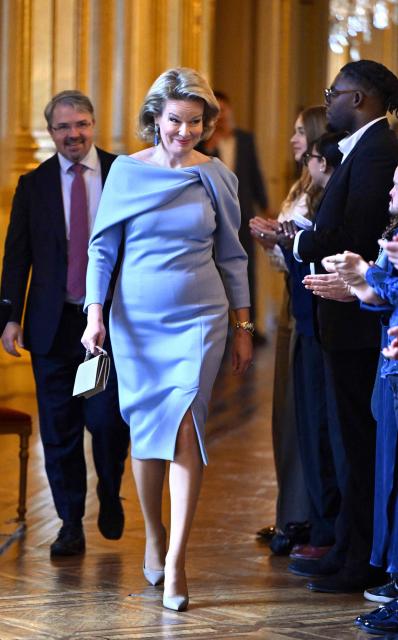 Queen Mathilde of Belgium is seen during the official celebration of the 25th anniversary of the Queen Mathilde Fund (FRM - KMF) at the Royal Palace in Brussels, on November 20, 2025. (Photo by ERIC LALMAND / Belga / AFP) / Belgium OUT