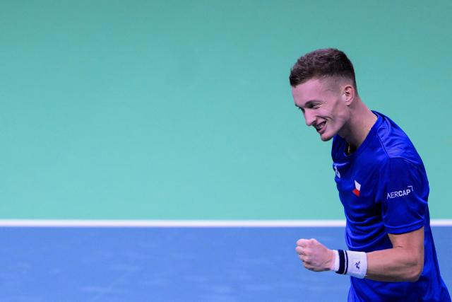 Czech Republic's Jiri Lehecka reacts after a point as he plays against Spain's Jaume Munar Clar during their Davis Cup men's singles quarter finals tennis match, at the Super Tennis Arena, in Bologna, northen Italy, on November 20, 2025. (Photo by Tiziana FABI / AFP)