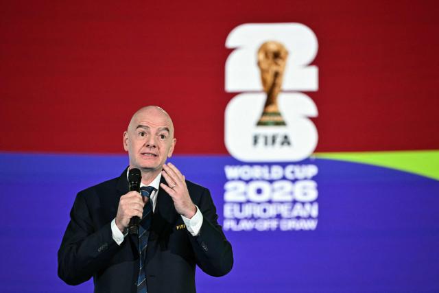 FIFA President Gianni Infantino speaks during the 2026 FIFA World Cup European Play-Off draw at the FIFA's Home of Football in Zurich on November 20, 2025. (Photo by Fabrice COFFRINI / AFP)