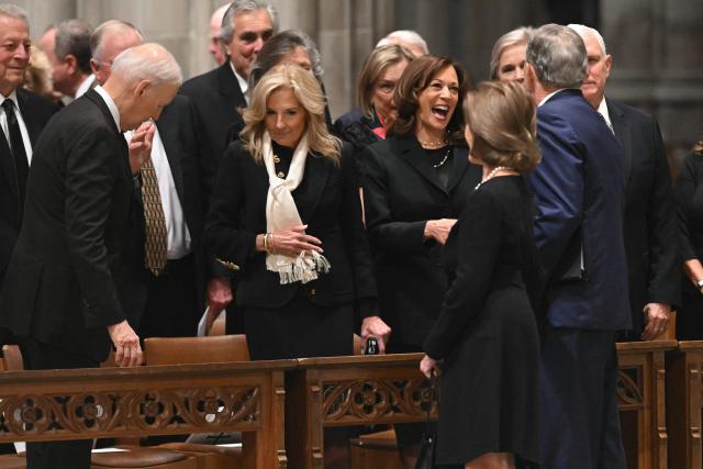 (L-R) Former US President Joe Biden, his wife Jill Biden, former US Vice President Kamala Harris, Former US President George W. Bush his wife Laura Bush and former US Vice President Mike Pence arrive for the funeral service for late US Vice President Dick Cheney at the Washington National Cathedral in Washington, DC, on November 20, 2025. (Photo by SAUL LOEB / AFP)
