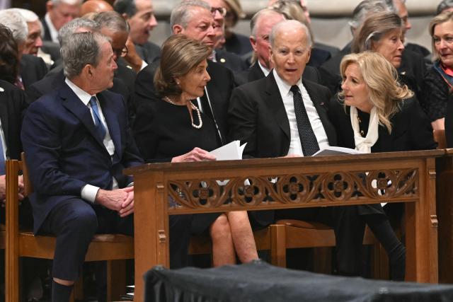 (L-R) Former US President George W. Bush his wife Laura Bush, Former US President Joe Biden, his wife Jill Biden attend the funeral service for late US Vice President Dick Cheney at the Washington National Cathedral in Washington, DC, on November 20, 2025. (Photo by SAUL LOEB / AFP)