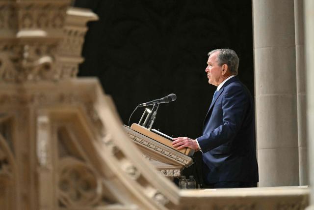 Former US President George W. Bush speaks during the funeral service for late US Vice President Dick Cheney at the Washington National Cathedral in Washington, DC, on November 20, 2025. Dick Cheney, celebrated as a master Republican strategist but defined by the darkest chapters of America's "War on Terror," was honored Thursday in a funeral attended by Washington's elite that pointedly left out President Donald Trump. (Photo by SAUL LOEB / AFP)