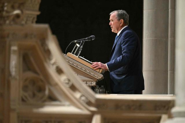 Former US President George W. Bush speaks during the funeral service for late US Vice President Dick Cheney at the Washington National Cathedral in Washington, DC, on November 20, 2025. Dick Cheney, celebrated as a master Republican strategist but defined by the darkest chapters of America's "War on Terror," was honored Thursday in a funeral attended by Washington's elite that pointedly left out President Donald Trump. (Photo by SAUL LOEB / AFP)
