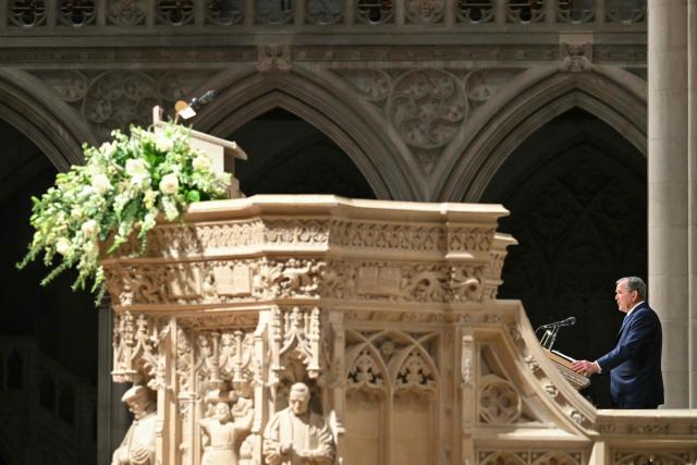 Former US President George W. Bush speaks during the funeral service for late US Vice President Dick Cheney at the Washington National Cathedral in Washington, DC, on November 20, 2025. Dick Cheney, celebrated as a master Republican strategist but defined by the darkest chapters of America's "War on Terror," was honored Thursday in a funeral attended by Washington's elite that pointedly left out President Donald Trump. (Photo by SAUL LOEB / AFP)