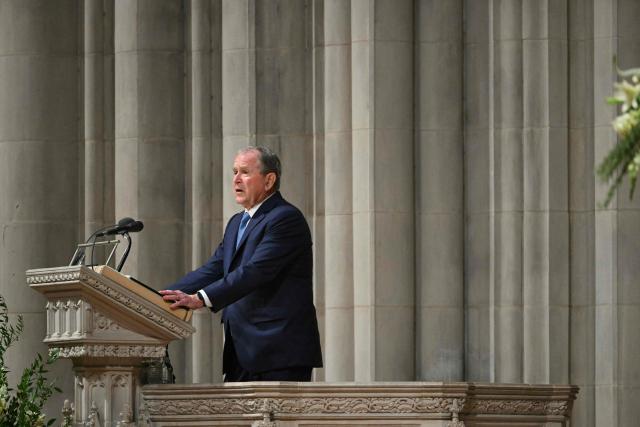 Former US President George W. Bush speaks during the funeral service for late US Vice President Dick Cheney at the Washington National Cathedral in Washington, DC, on November 20, 2025. Dick Cheney, celebrated as a master Republican strategist but defined by the darkest chapters of America's "War on Terror," was honored Thursday in a funeral attended by Washington's elite that pointedly left out President Donald Trump. (Photo by SAUL LOEB / AFP)