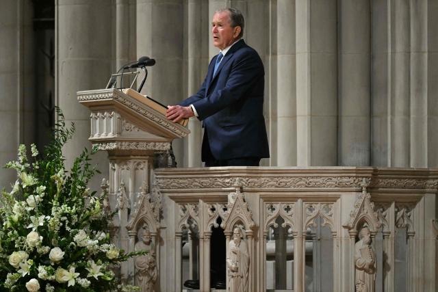 Former US President George W. Bush speaks during the funeral service for late US Vice President Dick Cheney at the Washington National Cathedral in Washington, DC, on November 20, 2025. Dick Cheney, celebrated as a master Republican strategist but defined by the darkest chapters of America's "War on Terror," was honored Thursday in a funeral attended by Washington's elite that pointedly left out President Donald Trump. (Photo by SAUL LOEB / AFP)