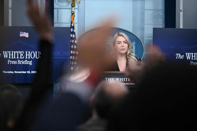 White House Press Secretary Karoline Leavitt takes questions from reporters during the daily briefing in the Brady Briefing Room of the White House in Washington, DC, on November 20, 2025. (Photo by Brendan SMIALOWSKI / AFP)