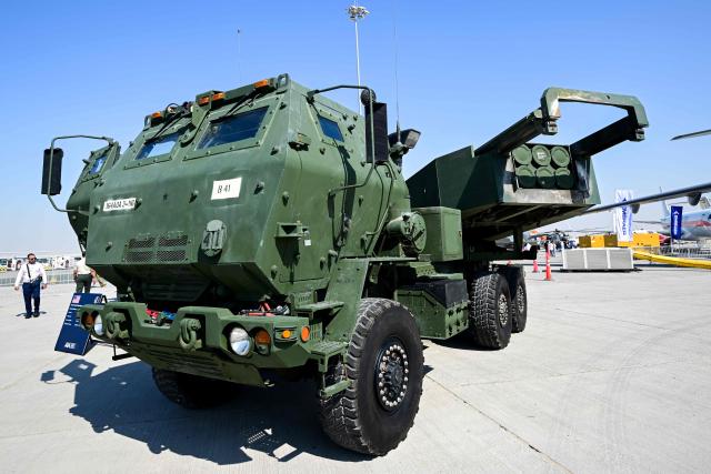 An M142 Hight Mobility Artillery Rocket System HIMARS is displayed at Al-Maktoum International Airport during the Dubai Airshow 2025 in Dubai on November 20, 2025. (Photo by Giuseppe CACACE / AFP)