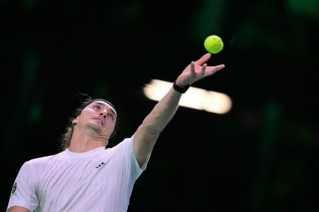 Germany's Alexander Zverev serves the ball to Argentina's Francisco Cerundolo during the Davis Cup men's singles quarter finals tennis match, at the Super Tennis Arena, in Bologna, northen Italy, on November 20, 2025. (Photo by Tiziana FABI / AFP)