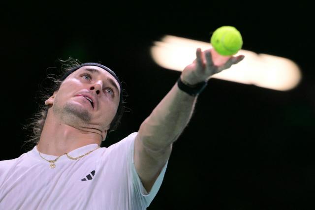 Germany's Alexander Zverev serves the ball to Argentina's Francisco Cerundolo during the Davis Cup men's singles quarter finals tennis match, at the Super Tennis Arena, in Bologna, northen Italy, on November 20, 2025. (Photo by Tiziana FABI / AFP)