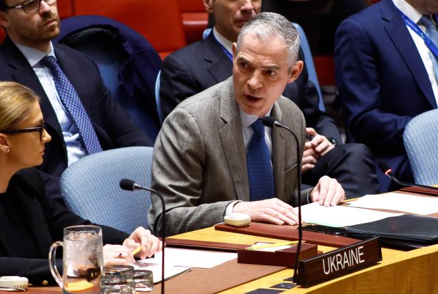 French Ambassador to the United Nations Laurent Bili (R) speaks during a UN Security Council meeting on Ukraine at the UN Headquarters in New York City, November 20, 2025. (Photo by kena betancur / AFP)
