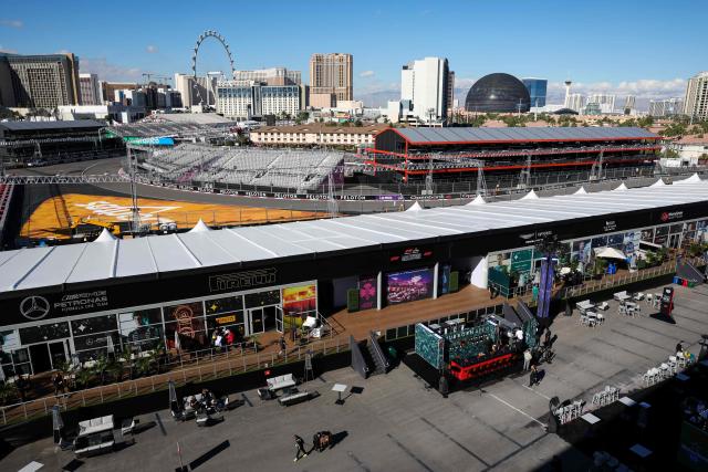 A view of the paddock area (foreground) at the Las Vegas Strip Circuit ahead of the first practice session for the Las Vegas Formula One Grand Prix in Las Vegas, Nevada, on November 20, 2025. (Photo by Patrick T. Fallon / AFP)