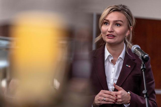 Deputy Prime Minister of Sweden Ebba Busch speaks during a press conference at the Montreal Airport in Montreal, Canada, on November 20, 2025. The Swedish royal family arrived in Canada on November 18 to begin a three-day state visit. (Photo by ANDREJ IVANOV / AFP)