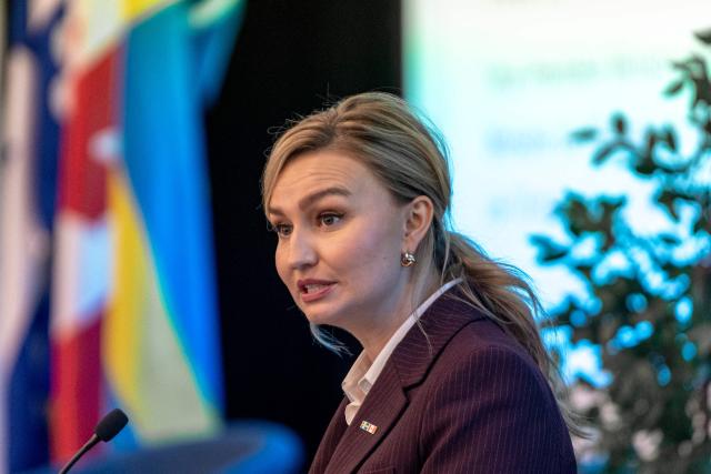 Deputy Prime Minister of Sweden Ebba Busch speaks during a visit to the Mila Quebec AI Institute in Montreal, Canada, on November 20, 2025. The Swedish royal family arrived in Canada on November 18 to begin a three-day state visit. (Photo by ANDREJ IVANOV / AFP)