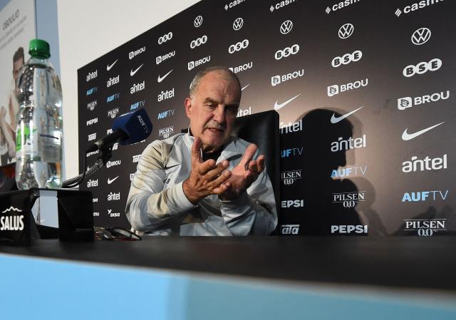 Uruguay's Argentine head coach Marcelo Bielsa gestures during a press conference in Montevideo on November 20, 2025. (Photo by DANTE FERNANDEZ / AFP)