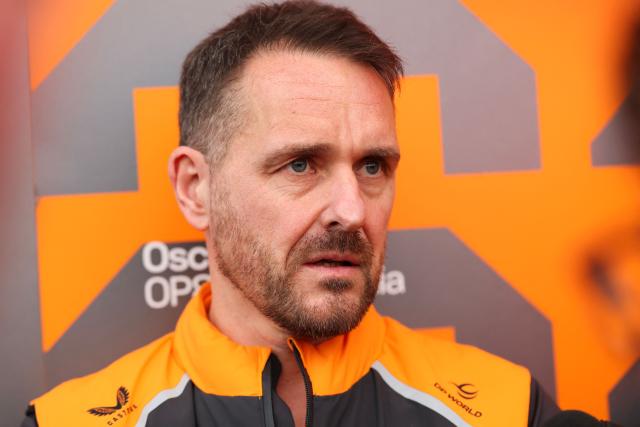 McLaren's technical director for engineering Neil Houldey speaks to a reporter ahead of the first practice session for the Las Vegas Formula One Grand Prix at the Las Vegas Strip Circuit in Las Vegas, Nevada, on November 20, 2025. (Photo by Patrick T. Fallon / AFP)