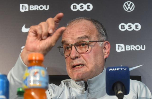 Uruguay's Argentine head coach Marcelo Bielsa gestures during a press conference in Montevideo on November 20, 2025. (Photo by DANTE FERNANDEZ / AFP)