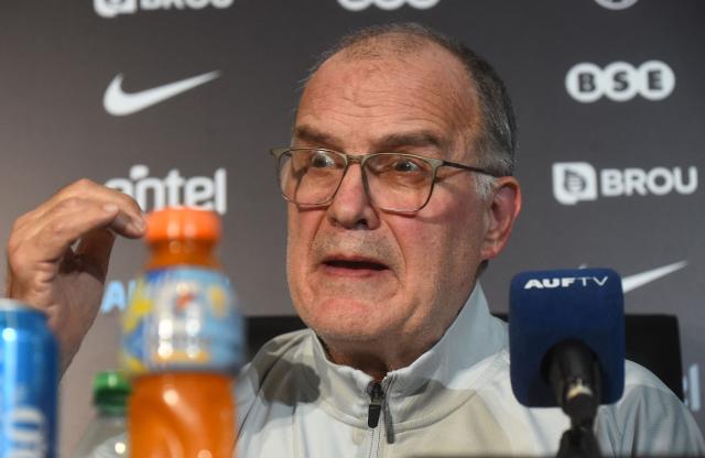 Uruguay's Argentine head coach Marcelo Bielsa gestures during a press conference in Montevideo on November 20, 2025. (Photo by DANTE FERNANDEZ / AFP)