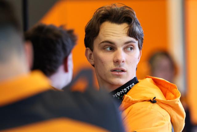 McLaren's Australian driver Oscar Piastri looks on in the garage during the first practice session for the Las Vegas Formula One Grand Prix at the Las Vegas Strip Circuit in Las Vegas, Nevada, on November 20, 2025. (Photo by Patrick T. Fallon / AFP)