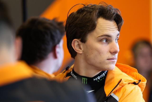 McLaren's Australian driver Oscar Piastri looks on in the garage during the first practice session for the Las Vegas Formula One Grand Prix at the Las Vegas Strip Circuit in Las Vegas, Nevada, on November 20, 2025. (Photo by Patrick T. Fallon / AFP)