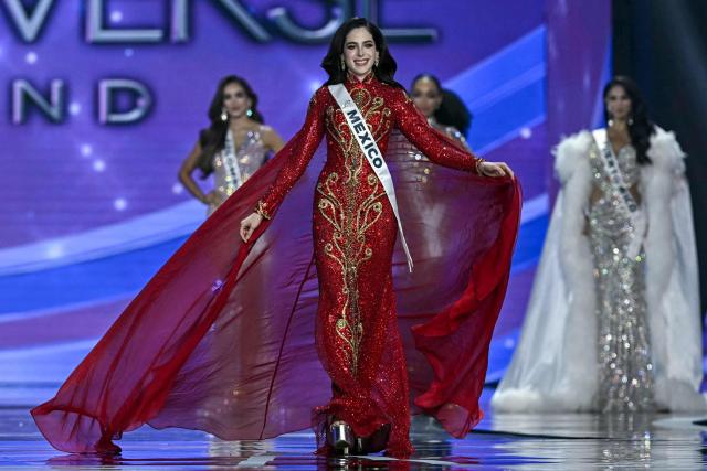 Miss Mexico Fatima Bosch reacts as the top five is announced during the final competition of the 2025 Miss Universe pageant in Nonthaburi, north of Bangkok, on November 21, 2025. (Photo by Lillian SUWANRUMPHA / AFP)