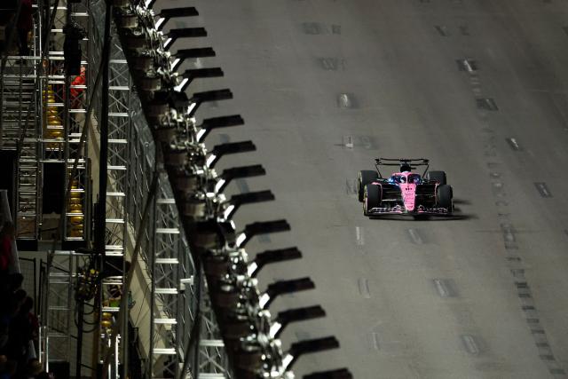 Alpine's French driver Pierre Gasly races during the second practice session for the Las Vegas Formula One Grand Prix at the Las Vegas Strip Circuit in Las Vegas, Nevada, on November 20, 2025. (Photo by Patrick T. Fallon / AFP)