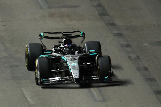 Mercedes' British driver George Russell races during the second practice session for the Las Vegas Formula One Grand Prix at the Las Vegas Strip Circuit in Las Vegas, Nevada, on November 20, 2025. (Photo by Patrick T. Fallon / AFP)