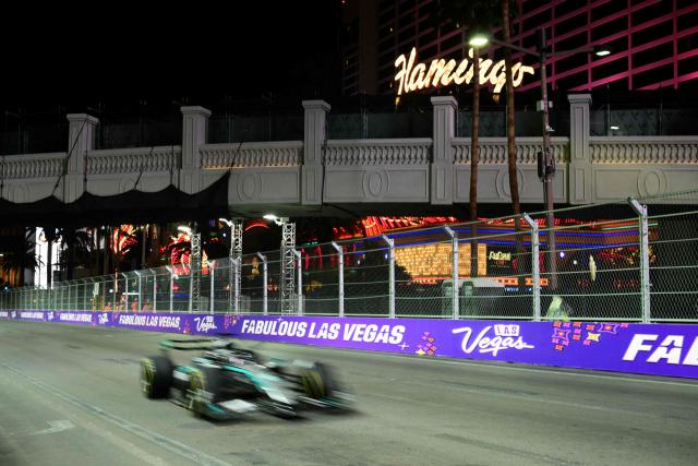 Mercedes' British driver George Russell races during the second practice session for the Las Vegas Formula One Grand Prix at the Las Vegas Strip Circuit in Las Vegas, Nevada, on November 20, 2025. (Photo by Frederic J. Brown / AFP)