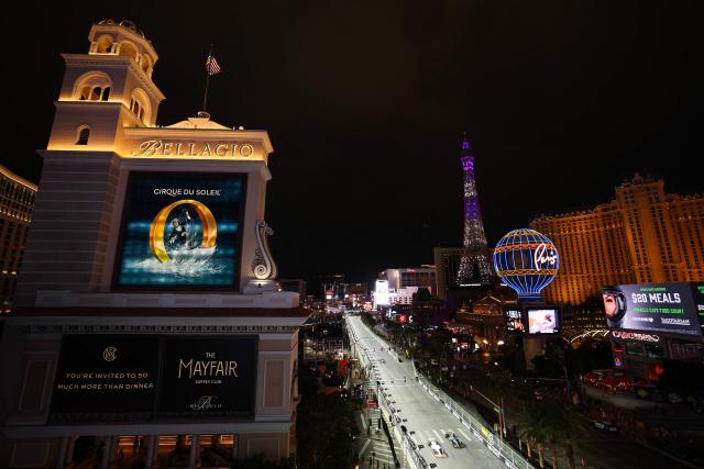 An overall view of the Las Vegas Strip Circuit during the second practice session for the Las Vegas Formula One Grand Prix in Las Vegas, Nevada, on November 20, 2025. (Photo by Patrick T. Fallon / AFP)