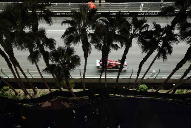 Ferrari's Monegasque driver Charles Leclerc races during the second practice session for the Las Vegas Formula One Grand Prix at the Las Vegas Strip Circuit in Las Vegas, Nevada, on November 20, 2025. (Photo by Patrick T. Fallon / AFP)