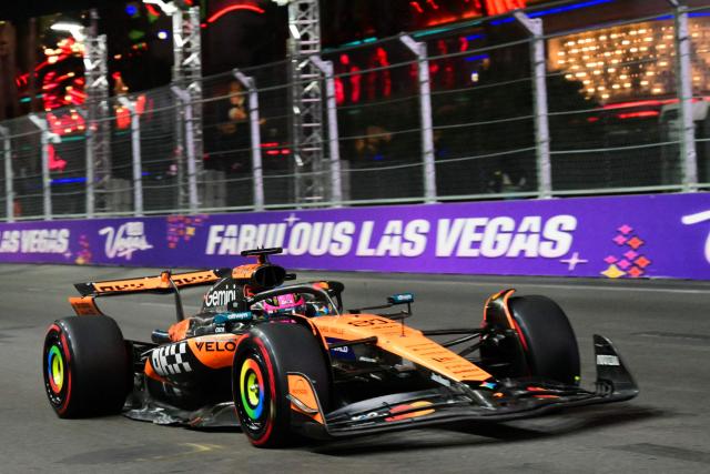 McLaren's Australian driver Oscar Piastri races during the second practice session for the Las Vegas Formula One Grand Prix at the Las Vegas Strip Circuit in Las Vegas, Nevada, on November 20, 2025. (Photo by Frederic J. Brown / AFP)