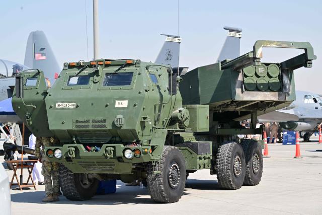 An M142 Hight Mobility Artillery Rocket System HIMARS is displayed at Al-Maktoum International Airport during the Dubai Airshow 2025 in Dubai on November 20, 2025. (Photo by Giuseppe CACACE / AFP)