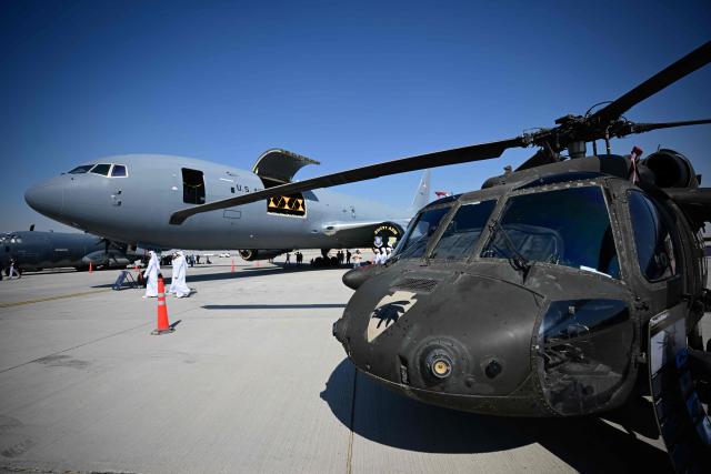 An US UH-60 Black Hawk is on display at Al-Maktoum International Airport during the Dubai Airshow 2025 in Dubai on November 20, 2025. (Photo by Giuseppe CACACE / AFP)