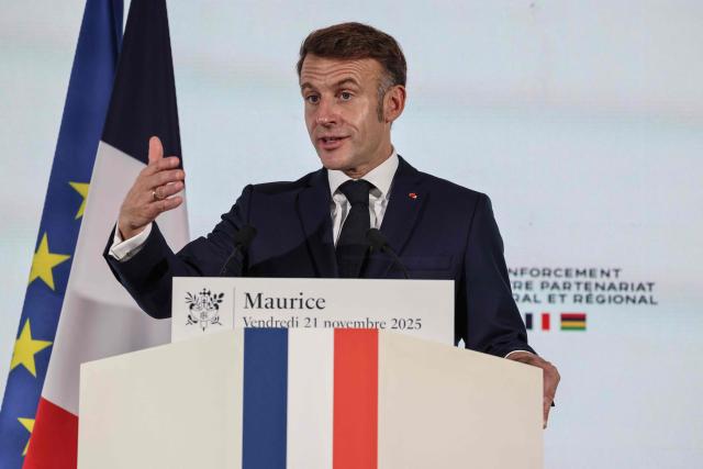 France’s President Emmanuel Macron speaks to the French community during the inauguration ceremony of the Mauritius French Embassy in Port Louis on November 21, 2025. (Photo by Ludovic MARIN / AFP)