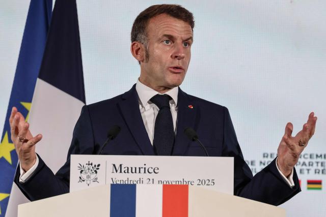 France’s President Emmanuel Macron speaks to the French community during the inauguration ceremony of the Mauritius French Embassy in Port Louis on November 21, 2025. (Photo by Ludovic MARIN / AFP)