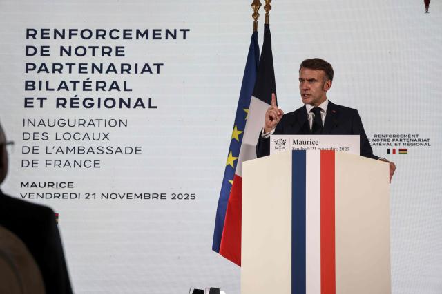 France’s President Emmanuel Macron speaks to the French community during the inauguration ceremony of the Mauritius French Embassy in Port Louis on November 21, 2025. (Photo by Ludovic MARIN / AFP)